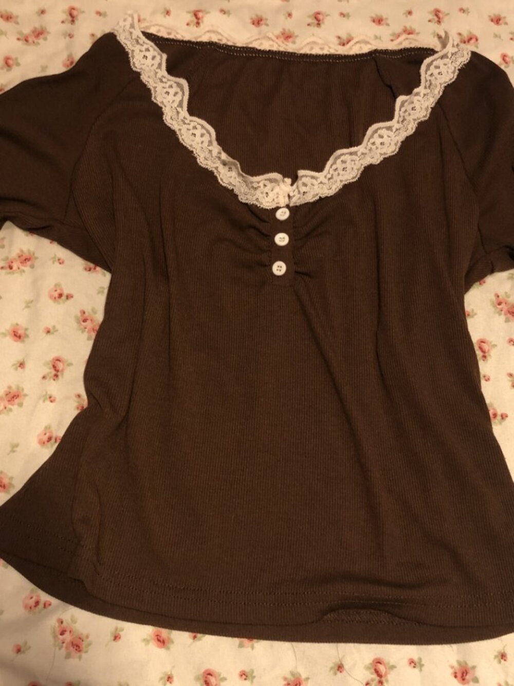 Brown Lace Henley Long Sleeve Top Y2K Feminine Elena Gilbe